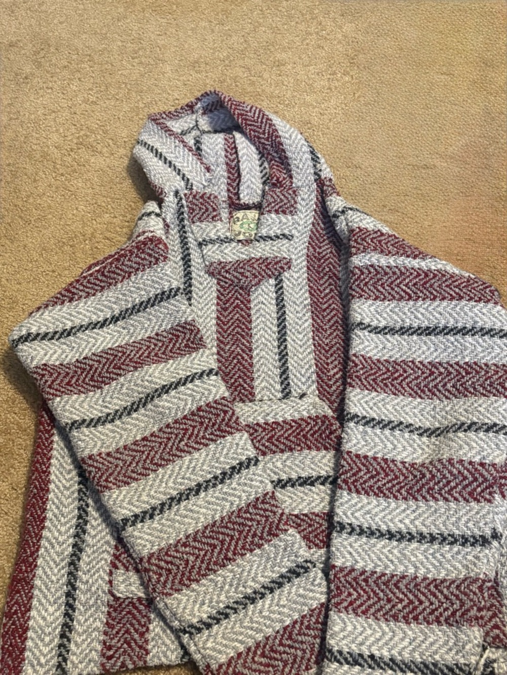 Cozy Hooded Baja-Style Poncho Sweater in Burgundy and Cream